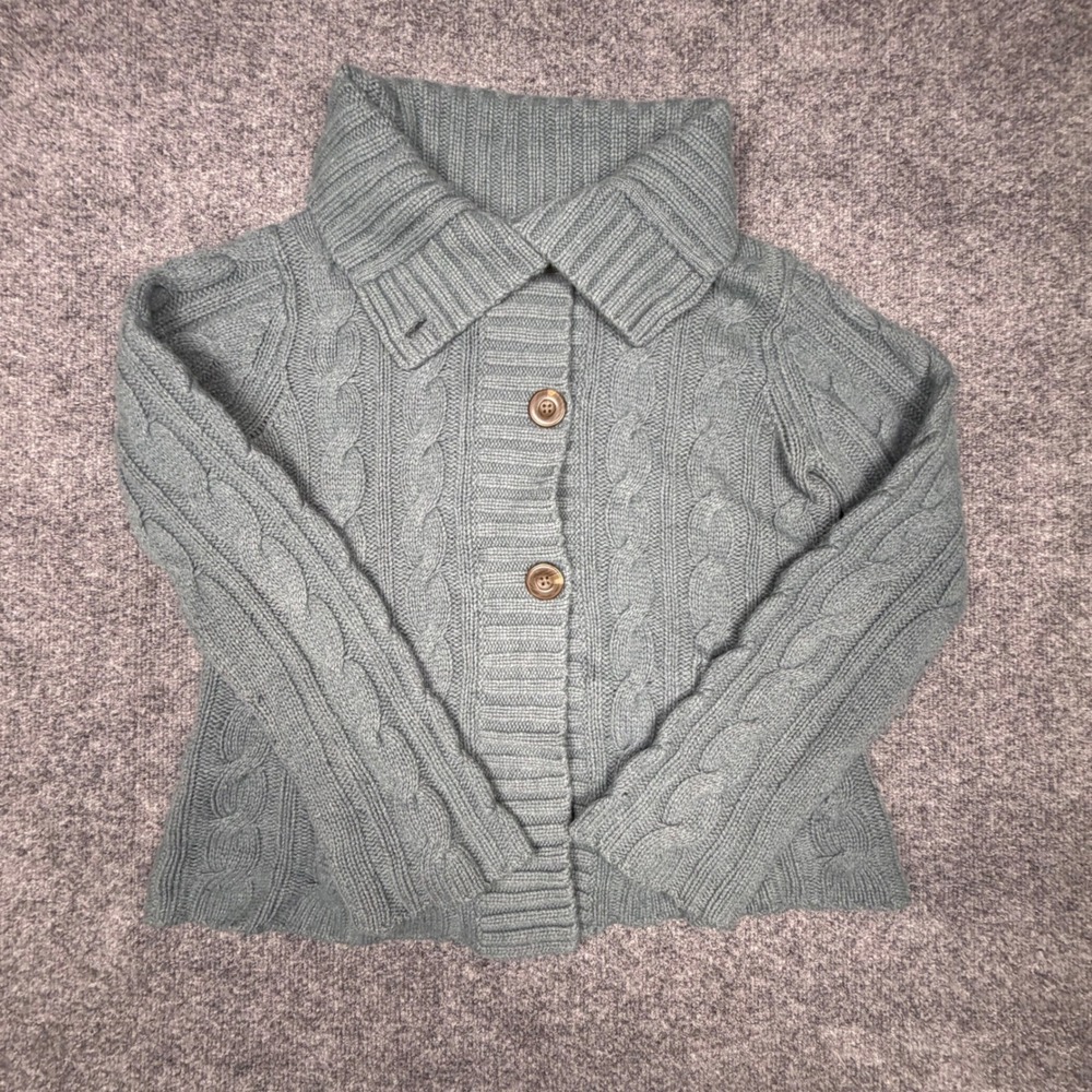 Eddie Bauer Women's M Teal Merino Wool Blend Cable Knit Cardigan Sweater